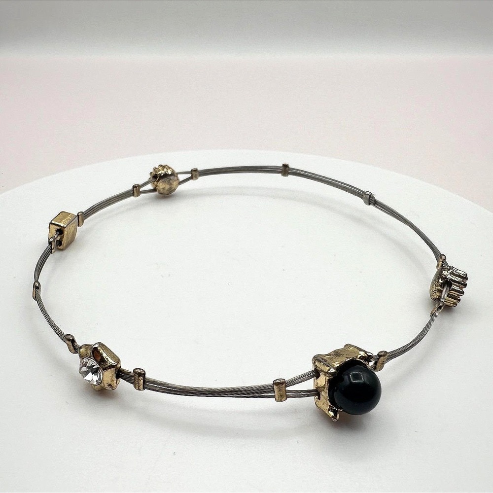 Vintage 90s Metal Cable Bangle Bracelet Black & Clear Glass Fashion Jewelry